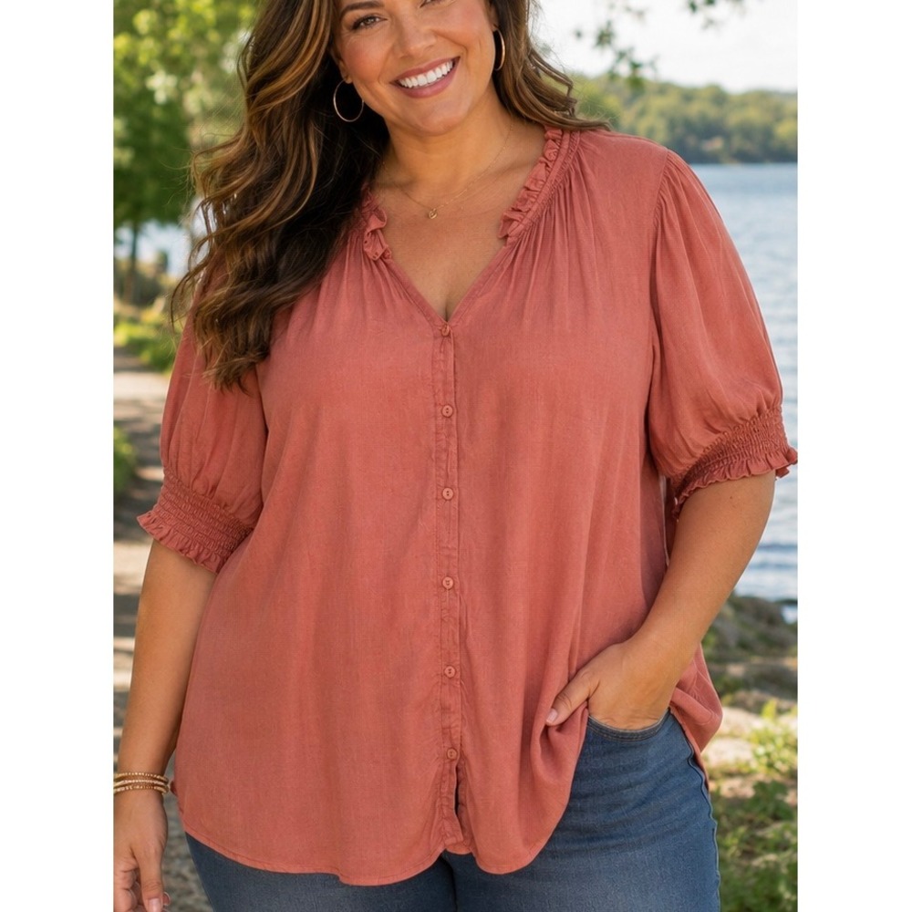DR2 Womens Blouse Terracotta Orange Pink XL Ruffle V-Neck Puff Sleeve Casual